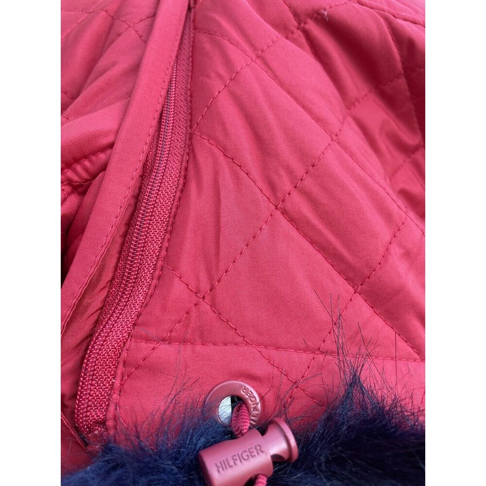 NEW Tommy Hilfiger Coat Womens S Red Quilted Hooded Parka Navy Shearling - Picture 3 of 7